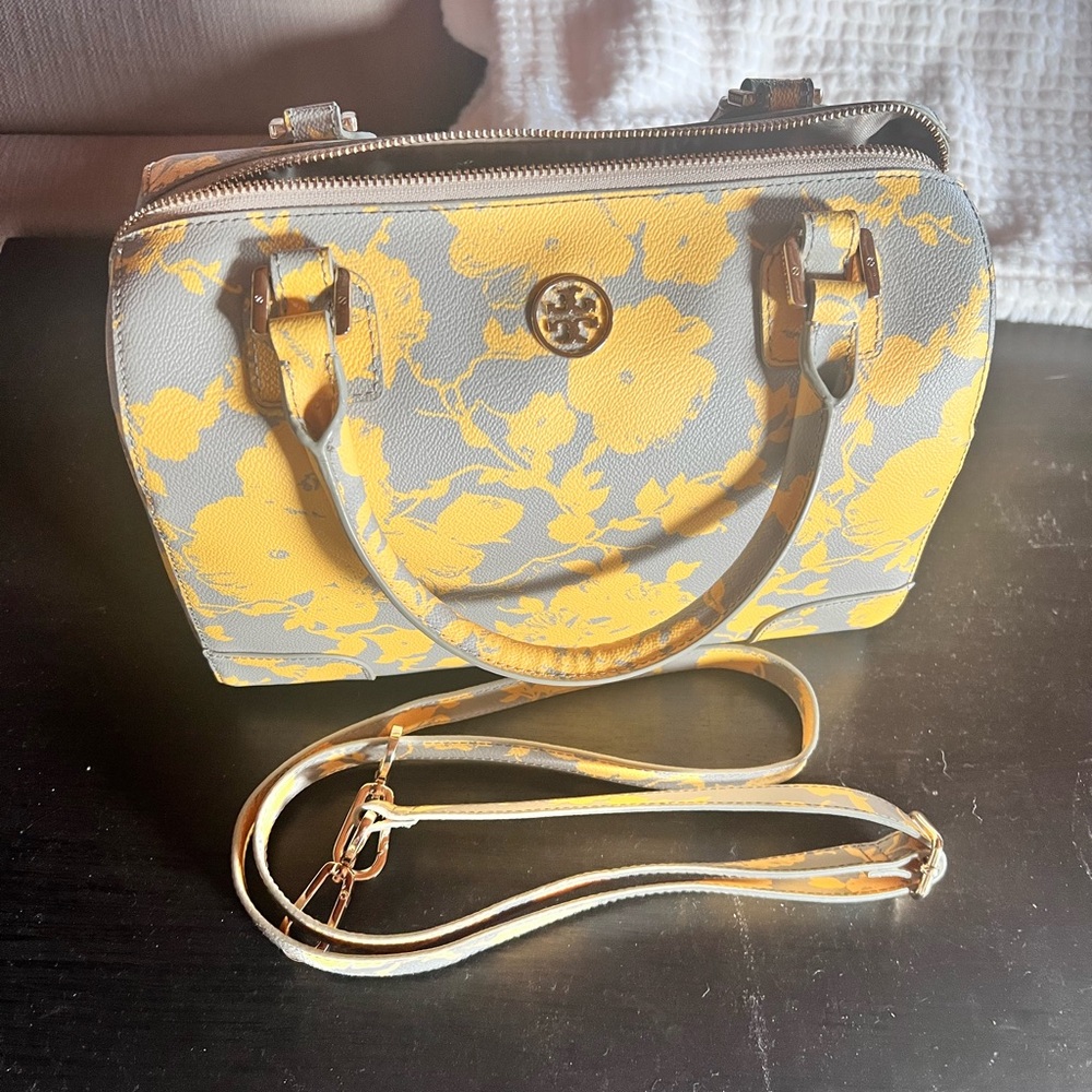 Tory Burch Gray and Yellow Satchel with Structured Shape and Gold Hardware